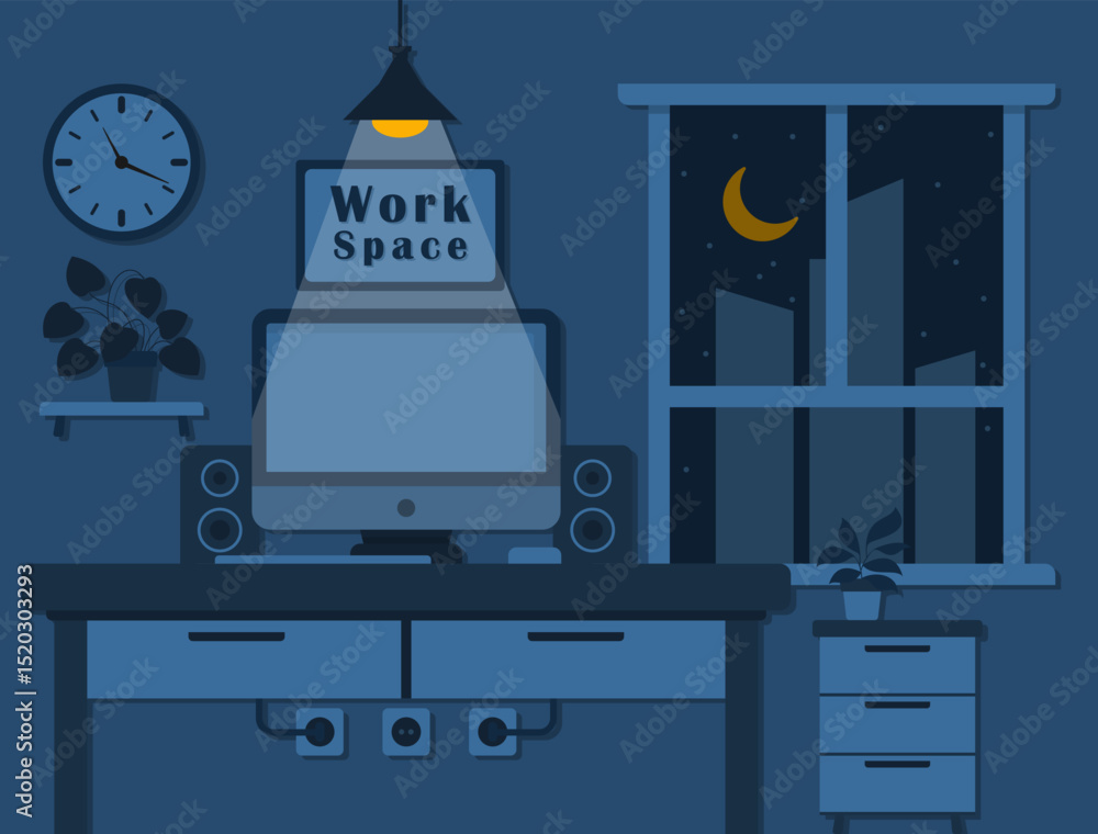 Obraz premium Flat Vector Illustration of Home Workspace at Night with Computer and Window View