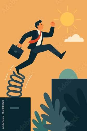 Ambitious businessman leaping forward with spring, overcoming obstacles and aiming for success. Concept of career growth, challenge, progress, breakthrough, motivation. Risk taker.