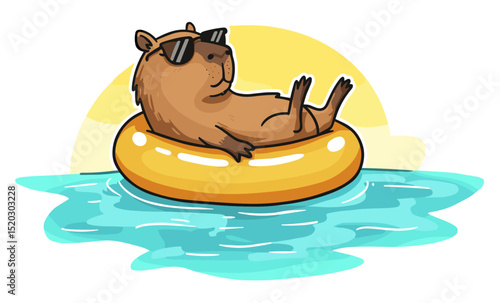 Capybara relaxing in a tiny inner tube, floating lazily down with sunglasses on. Vector sticker design