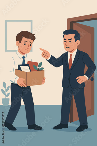 Employee being fired, boss pointing to exit, job loss, dismissal, unemployment, economic crisis, career termination, sad office worker, economic recession, business problem