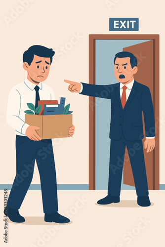 Unhappy young employee feeling hopeless after being dismissed from his job. Angry boss pointing at exit door. Unemployment, career failure, job loss, economic crisis concept