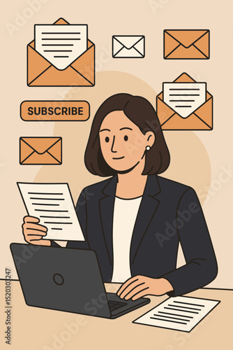 Professional Businesswoman Managing Emails, Subscriptions, and Online Correspondence. Newsletter Marketing and Digital Communication Concept with a Modern Doodle Style.