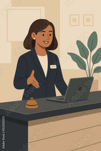 Friendly female receptionist at hotel reception desk, welcoming guests with a smile. Hospitality, customer service, and accommodation concept. Professional front desk staff.