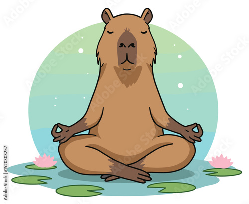 Capybara meditating in a serene lotus position, surrounded by floating lily pads. Vector sticker design