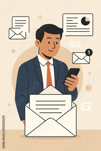 Professional man reviews business emails on smartphone, managing digital communication, online correspondence, and official notifications, with surrounding icons.
