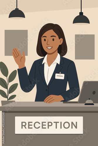Friendly hotel receptionist welcoming guests, offering assistance, service, smile. Professional hospitality at reception desk. Woman working greeting customers.