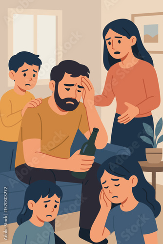 Family intervention for alcoholism. Sad parents, kids crying. Alcohol addiction problem. Support, counseling, rehabilitation, therapy, mental health, abuse.