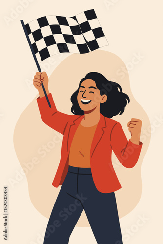 Woman Celebrating Victory Waving Checkered Flag. Champion. Competition Winner. Success. Racing. Achievement. Triumph. Excited Woman. Sport Event. Goal Reached. Happy