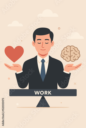 Work-life balance concept: Businessman weighs heart (emotions) against brain (logic) on a work scale. Vector art for emotional intelligence, mental health, career strategy, and professional decisions.