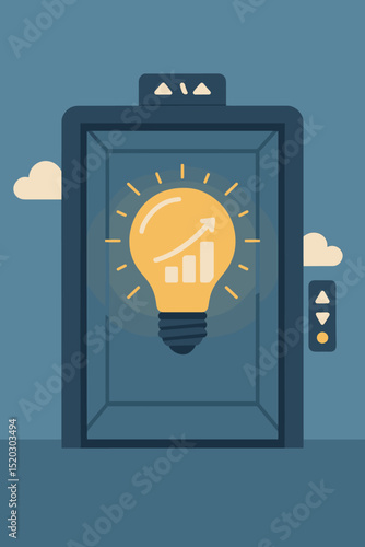 Business growth idea, startup innovation concept. Lightbulb with upward financial chart in elevator symbolizing success, progress, and development. Elevator pitch for strategic planning.