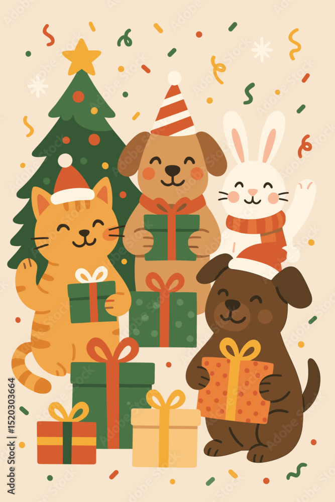 Naklejka premium Adorable Festive Pet Celebration: Cartoon Cat, Dogs, Rabbit with Christmas Tree and Gifts. Cute Holiday Animals Vector Graphic for Greeting Cards and Festive Designs