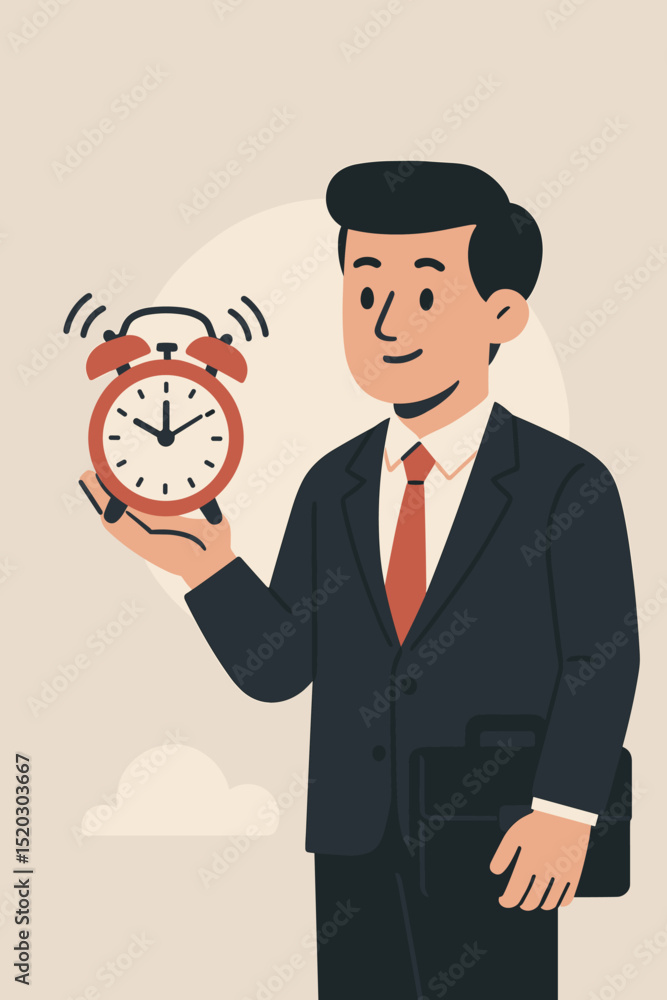 Time Management Solutions Concept: Businessman Holding Ringing Alarm Clock. Efficiency, Deadline, Schedule, Punctuality, and Productivity Skills. Control your Future and be On Time Time Management Solutions Concept: Businessman Holding Ringing Alarm Clock. Efficiency, Deadline, Schedule, Punctuality, and Productivity Skills. Control your Future and be On Time