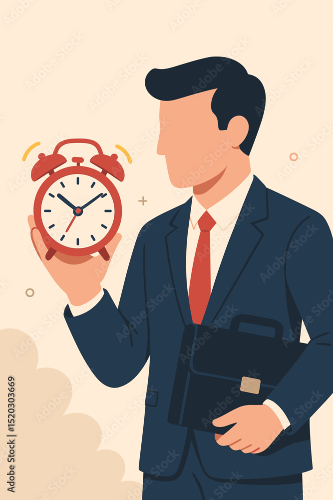 Time Management is Key. Deadline Reminder. Businessman With Clock. Efficiency. Productivity. Punctuality. Vector Illustration. Business Concept. Executive With Alarm Clock Time Management is Key. Deadline Reminder. Businessman With Clock. Efficiency. Productivity. Punctuality. Vector Illustration. Business Concept. Executive With Alarm Clock