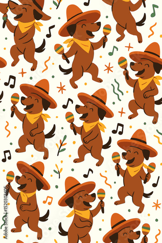 Seamless pattern cute cartoon dogs sombreros dancing playing maracas. Festive Mexican fiesta celebration. Happy canine characters musical notes background. Vector animal illustration design.