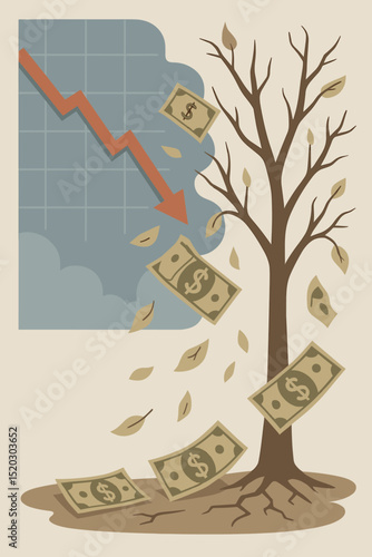 Economic Downturn Concept: Falling Money, Recession, Financial Crisis, Investment Loss, Market Crash, Business Failure, Bankruptcy, Budget Deficit, Risk, and Uncertainty