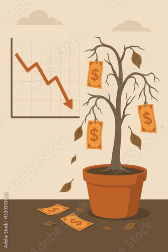 Economic downturn concept illustration. Money tree losing dollar bills as leaves, symbolizing financial crisis and investment loss. Recession graph arrow pointing down. Bankruptcy metaphor.