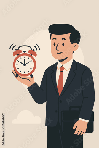 Time Management Solutions Concept: Businessman Holding Ringing Alarm Clock. Efficiency, Deadline, Schedule, Punctuality, and Productivity Skills. Control your Future and be On Time