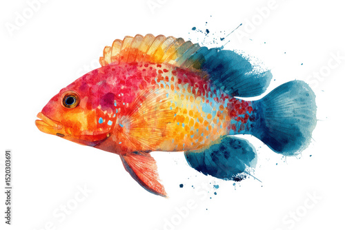Vibrant watercolor fish with bright colors and artistic splashes, cut out