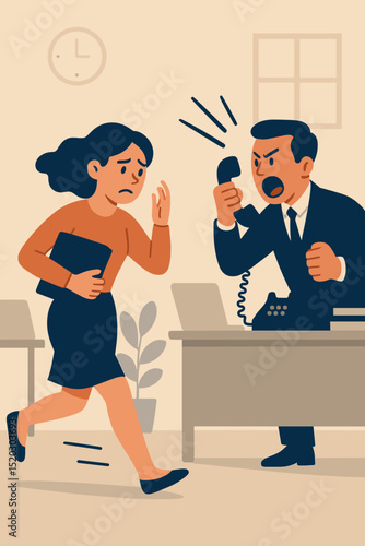 Hostile work environment: Angry manager shouts at frightened female employee fleeing office stress. Concept of workplace bullying, pressure, burnout, and toxic leadership. Corporate conflict vector.