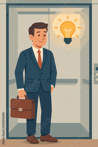 Businessman in elevator has brilliant idea, lightbulb moment for innovation. Elevator pitch concept. Corporate professional with briefcase finds solution. Creative thinking & problem solving.