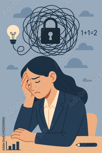 Creative Block Frustration. Stressed Businesswoman with Tangled Thoughts. Mental Exhaustion. Idea Incubation. Professional Burnout. Confusion. Deadline Pressure.