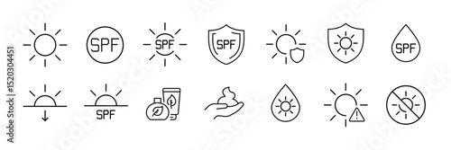 Sun protection icons for skin safety and care design projects