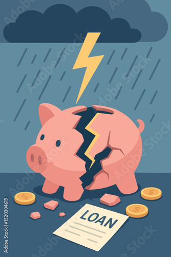 Broken piggy bank with lightning bolt and rainstorm, shattered savings concept with coins and loan paper, financial crisis, debt, money problem, banking collapse illustration