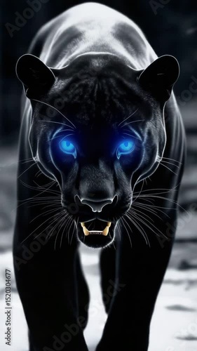 Mysterious black panther with glowing blue eyes rushes toward viewer — powerful graceful predator in dynamic close-up.