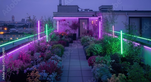 Rooftop garden illuminated with vibrant neon lights at dusk. Colorful flowers and plants in pots creating a modern urban oasis. City skyline in the background under a twilight sky.