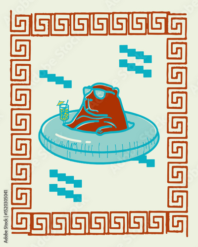 Capybara chilling in a pool floatie with a cocktail