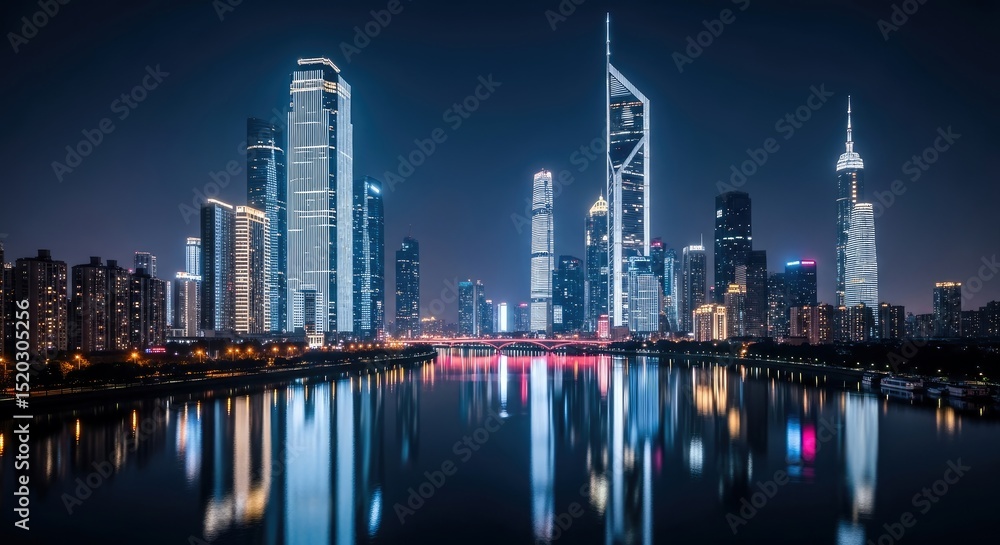 Naklejka premium Night cityscape reflecting illuminated skyscrapers and city lights over calm water with a dark blue sky backdrop