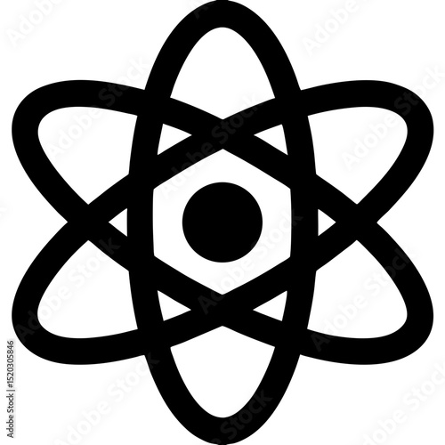 Black and White Atom Icon with Orbitals and Nucleus