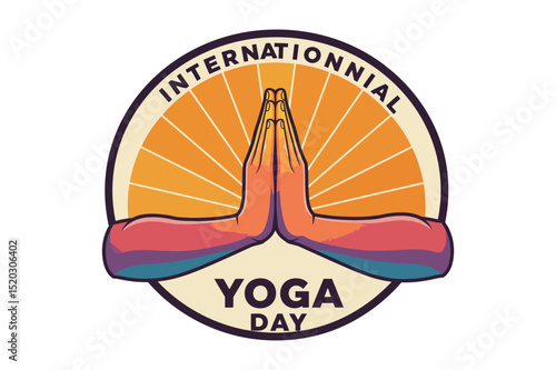 Vector art of International yoga day illustration with hands in prayer position and sun rays