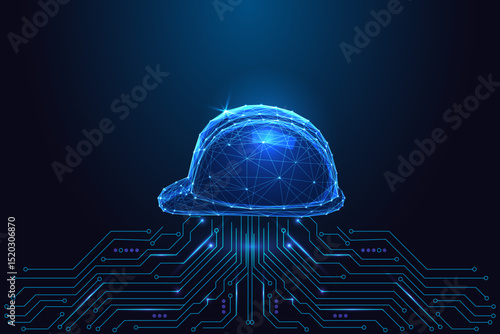 Smart industry, worker safety technology concept with glowing hard hat on circuit board background