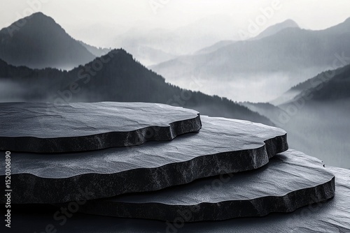 Moody Landscape of Foggy Mountains. Abstract Layers and Atmospheric Texture in Black and White