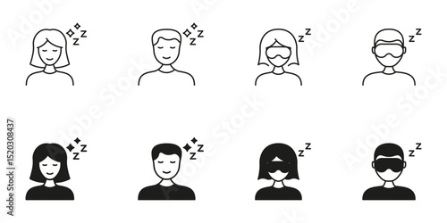 Sleeping People With Eye Masks Line And Solid Icon Set. Rest, Relaxation, And Sleep Quality Symbol Collection. Depicts Men And Women In Sleep Masks. Isolated Vector Illustration