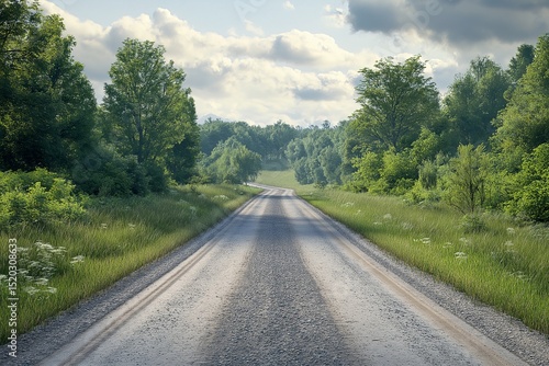 Scenic Country Road in Tranquil Nature with Lush Greenery and Blue Sky Ideal for Rural Landscape Photography