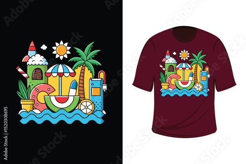 Colorful Summer T-Shirt Design with Tropical Beach Elements