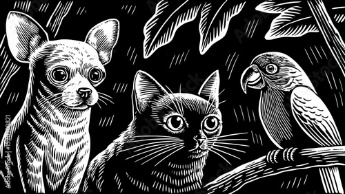A black and white sketch vector of famous pets: dog breeds, cats, parrots in cute expressive poses