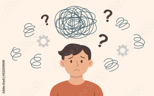 Confused Man with Tangled Thoughts, Mental Health Concept, Flat Vector Illustration