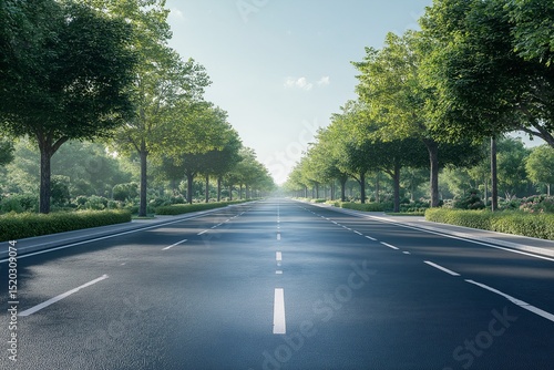 Scenic Urban Road with Trees and Pavement. Tranquil Cityscape Journey on a Sunny Day