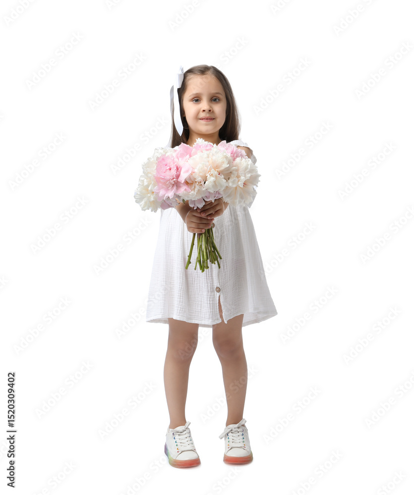 Cute little girl with bouquet of beautiful peonies on white background Cute little girl with bouquet of beautiful peonies on white background