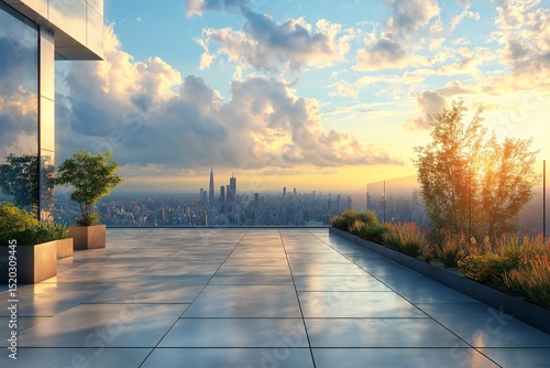Luxury Rooftop Garden with Scenic Cityscape View at Modern High-Rise. Relaxation in Nature & Urban Landscape
