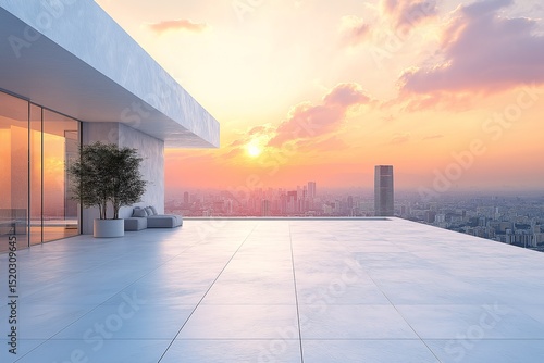 Luxury Balcony with Pool and Scenic City Sunset View. Modern High-Rise Architecture with Chic Outdoor Dining