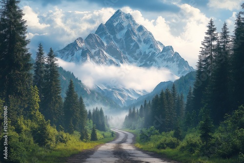 Majestic Mountain Landscape. Serene Hiking Adventure Along a Winding Road in the Northwest Wilderness