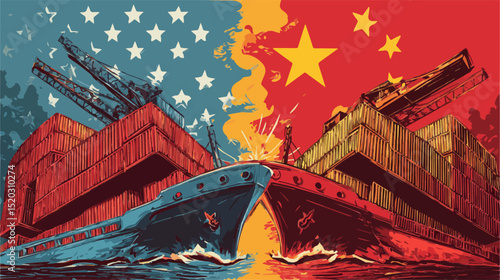 Container ships with United States and China flags colliding, representing trade war and tariffs