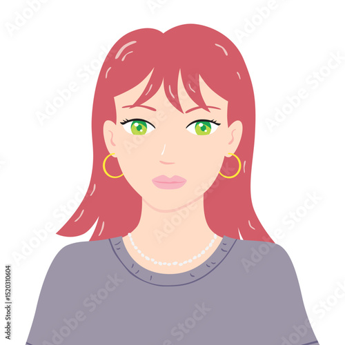 Beautiful stylish girl with a red hair and green eyes wearing grey t-shirt, flat design portrait isolated vector illustration.