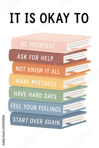 Stack of Book with Text Phrase Yourself Help Mistake Feeling Okay Pink Blue
