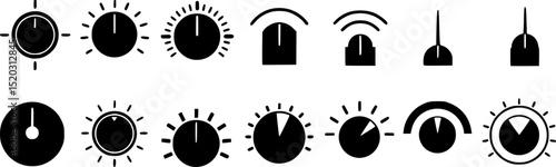 Volume control knobs icons set. Collection of simple black round turning switches, sound or multimedia settings, audio knobs, volume regulators, control panel elements