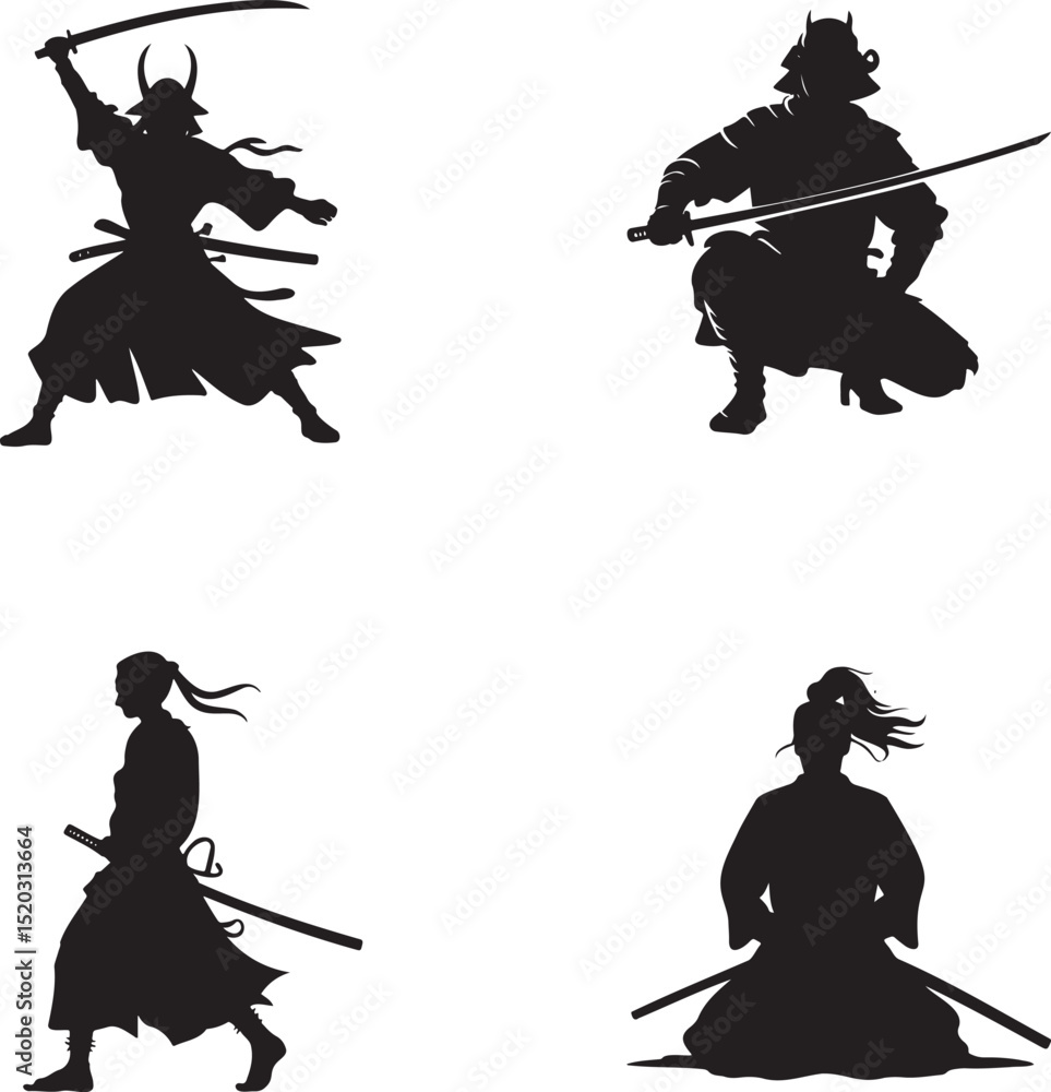 Obraz premium Samurai silhouette set vector illustration isolated On Transparent Background